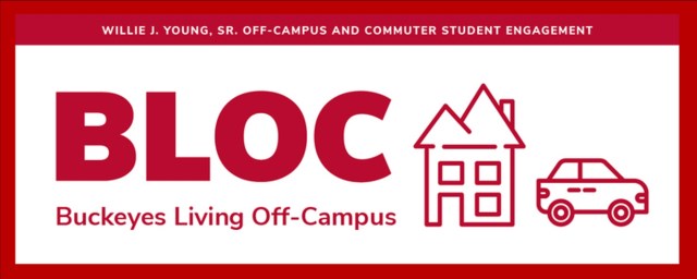 BLOC logo for Buckeyes Living Off-Campus, a program under the Willie J. Young, Sr. Off-Campus and Commuter Student Engagement. The image features the word 'BLOC' in bold red letters, followed by red outline icons of a house and a car.
