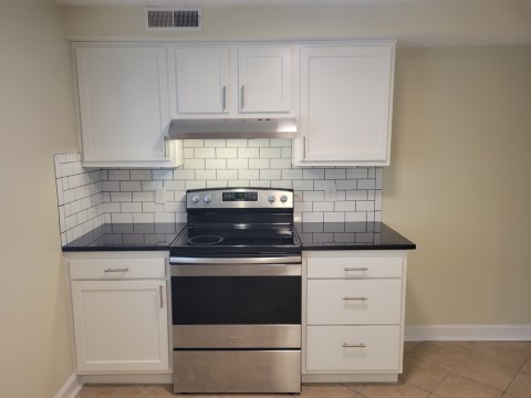 New Range surrounded by new cabinets w/ granite counters