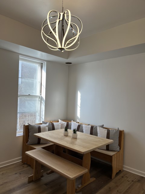 Side view of table and bench seating